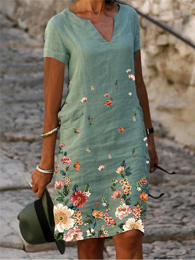 Ladies Cotton Linen Print Short Sleeve Mid Length V Neck Dress
