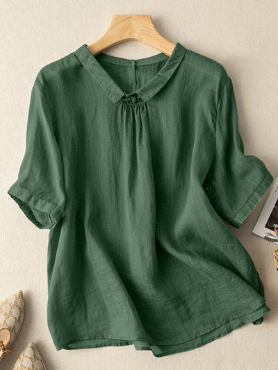 Women Solid Loose Short Sleeve Lapel Casual Blouse