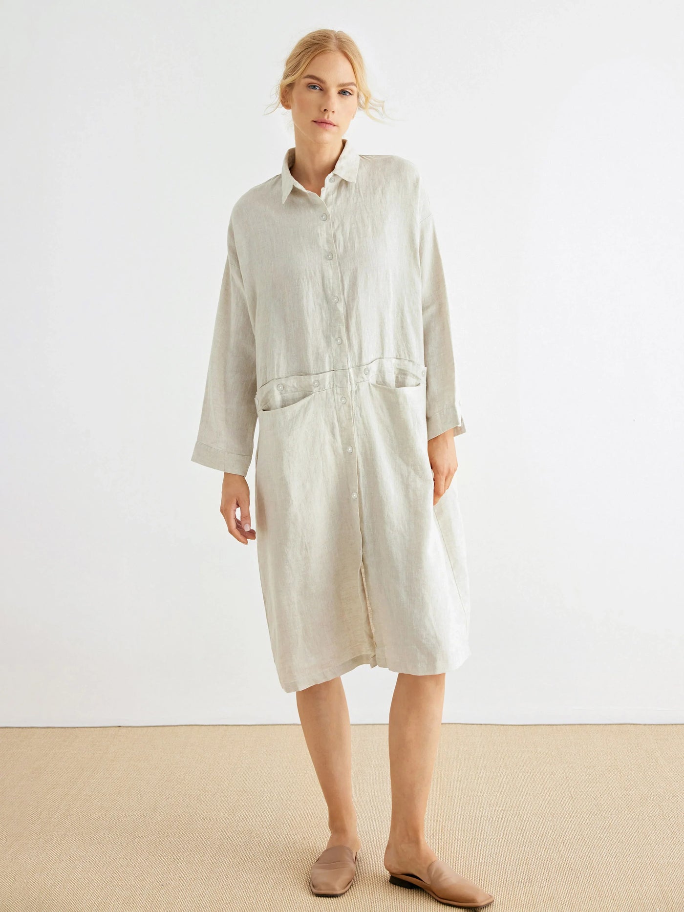 Rhea 100% Linen Button-Front Pockets Midi Dress