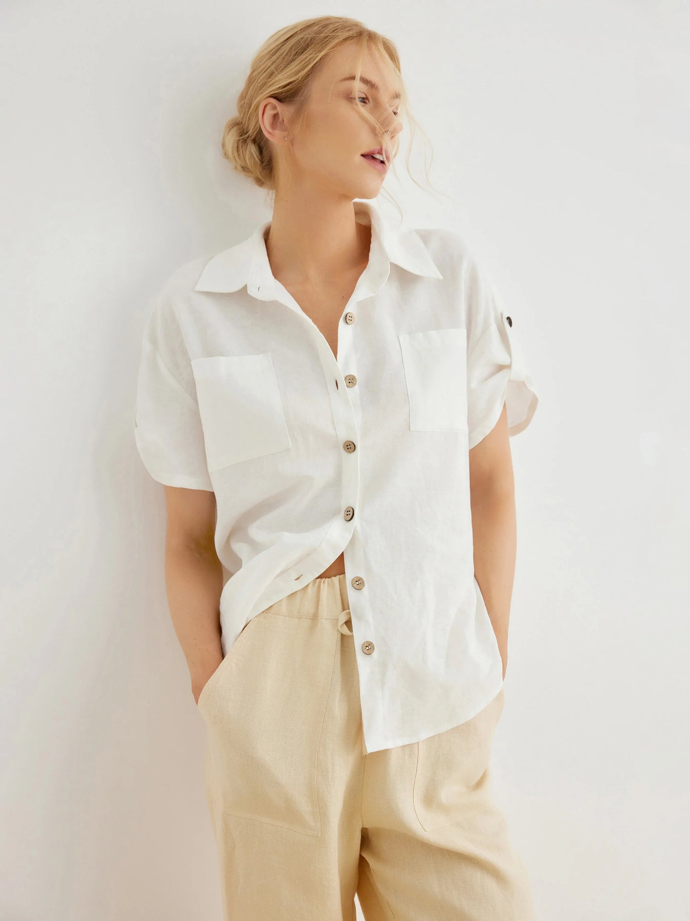 Celine Linen Short Sleeve Chest Pockets Camp Shirt