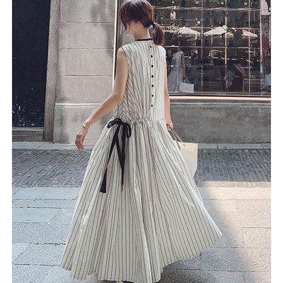 Chic Stripe Printed Drawstring Maxi Dress