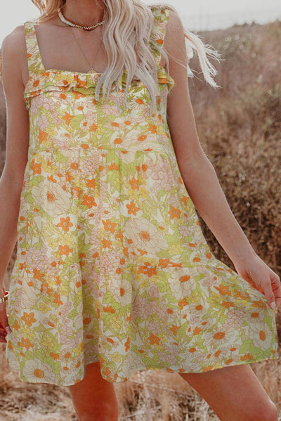 Women Yellow Floral Chiffon Tie Dress