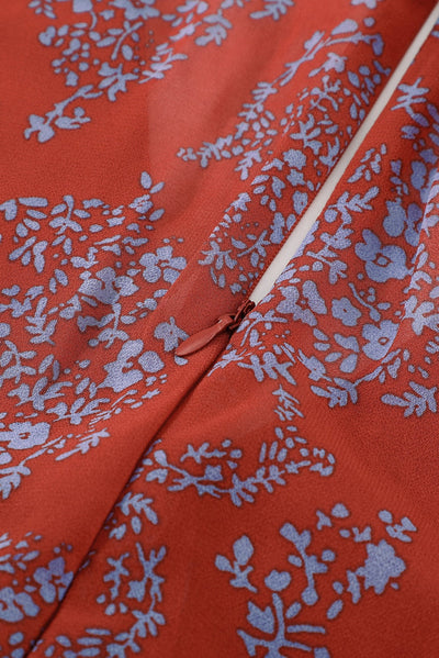 Women Red V Neck Baggy Sleeve Waist Tie Double Layer Ruffle Hem Floral Print Short Dress