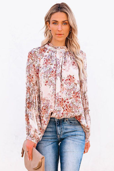 Women Multicolor Floral Print Ruffled Neckline Puff Sleeve Blouse