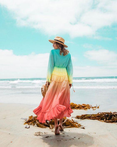 Colorful Bohemian Rainbow Buttom Maxi Dress