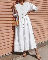 Solid Buttoned Balloon Sleeves Loose Maxi Dress