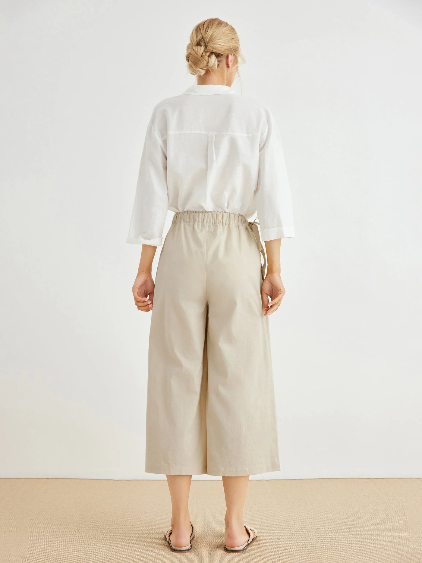 Helene Linen Elastic Waist Side-Tie Wide Pants