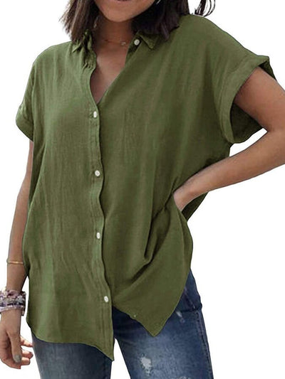 Ladies Cotton Linen Short Sleeve Retro Casual Simple Shirt