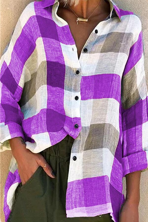 Casual Bright Color Plaid Print Buttons Down Blouse