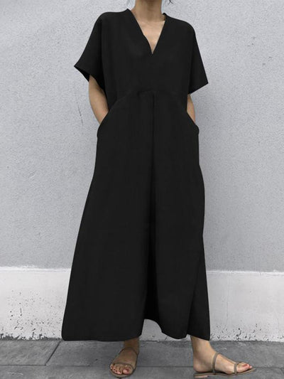 Plus-Size V-Neck Short-Sleeve Pockets Maxi Dress