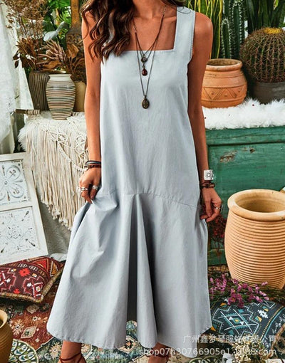 Casual long skirt sling type solid color sleeveless dress