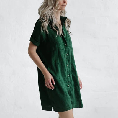 Casual lapel pocket solid color loose cotton and linen dress