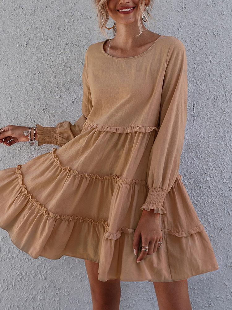 Casual round neck long sleeve solid color loose dress