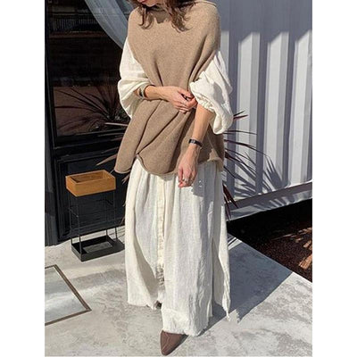 Japanese solid color long sleeve shirt Dress With loose knit sweater two piece suit