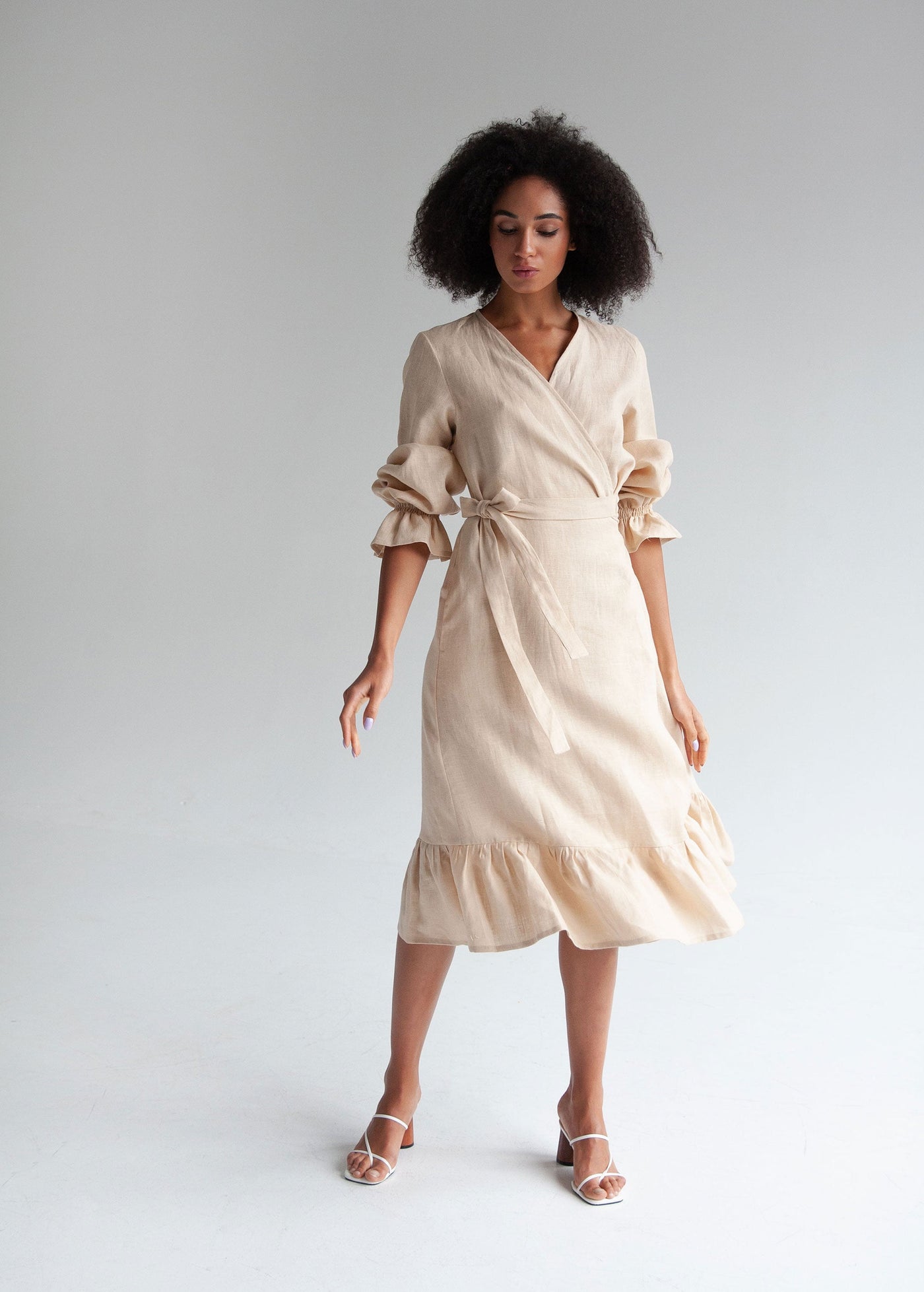 "Bianca" Cream Linen Midi Wrap Dress