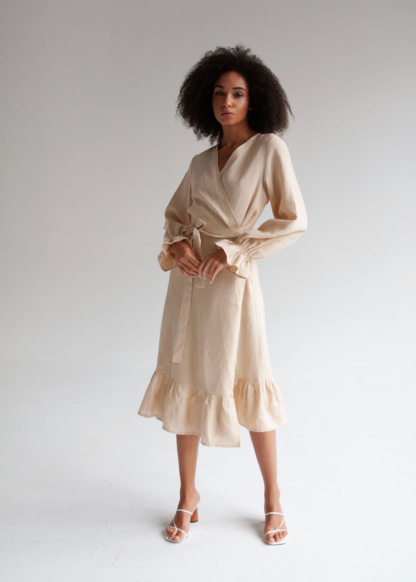 "Bianca" Cream Linen Midi Wrap Dress