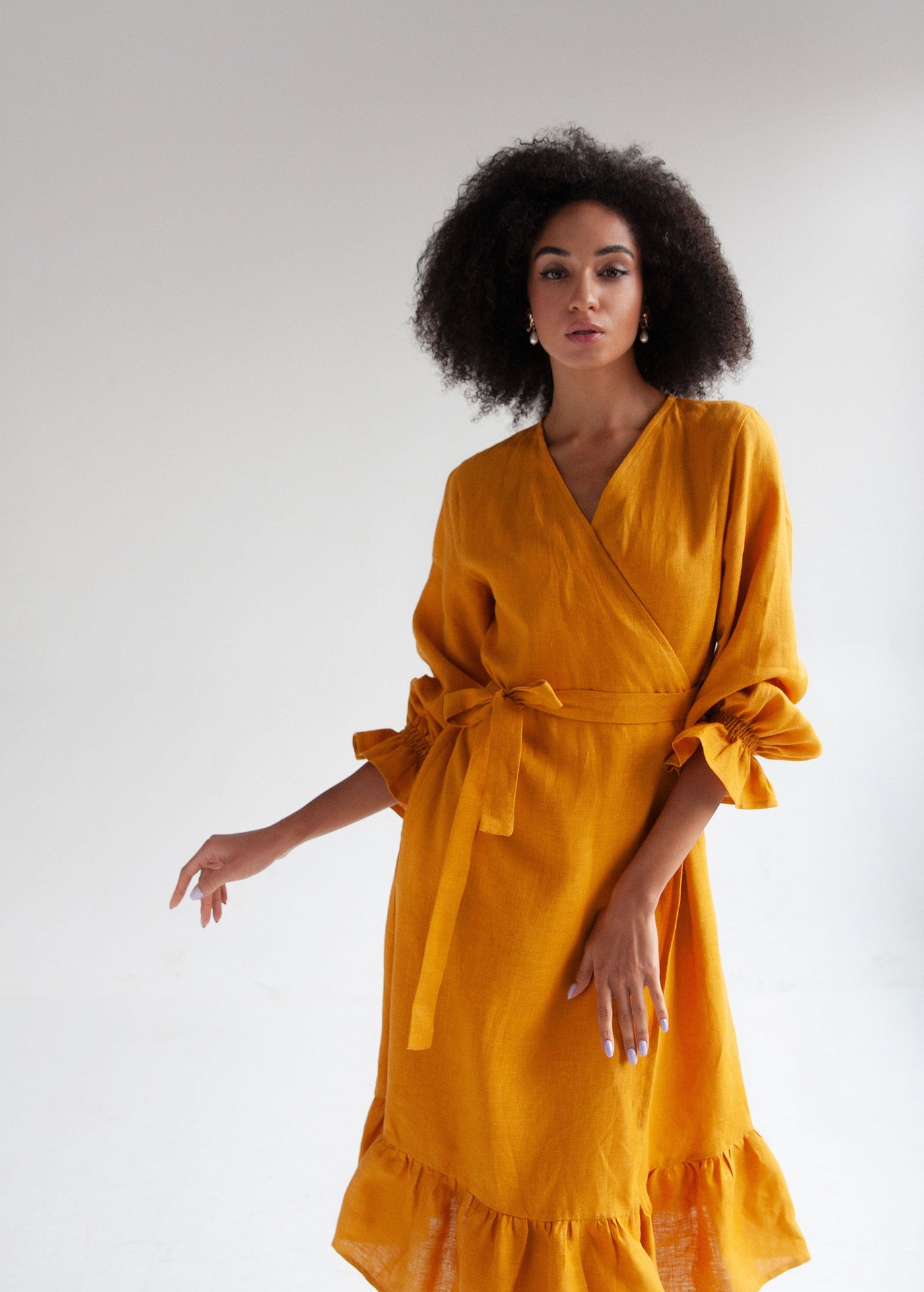 "Bianca" Mustard Yellow Linen Wrap Dress