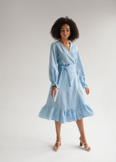 "Bianca" Sky Blue Linen Wrap Dress