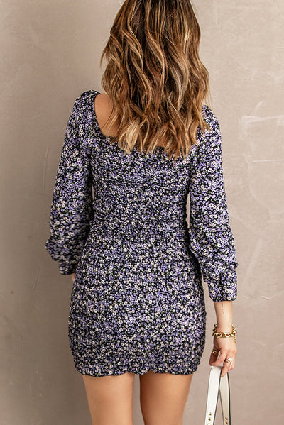 Women Purple Floral Print Shirred Slim-fit Long Sleeve Mini Dress