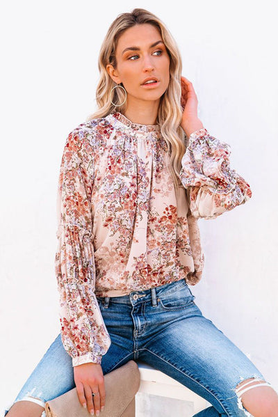 Women Multicolor Floral Print Ruffled Neckline Puff Sleeve Blouse