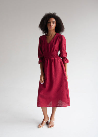 "Laura" Burgundy Linen Midi Dress