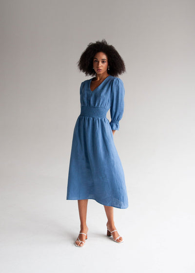"Laura" Denim Blue Linen Midi Dress