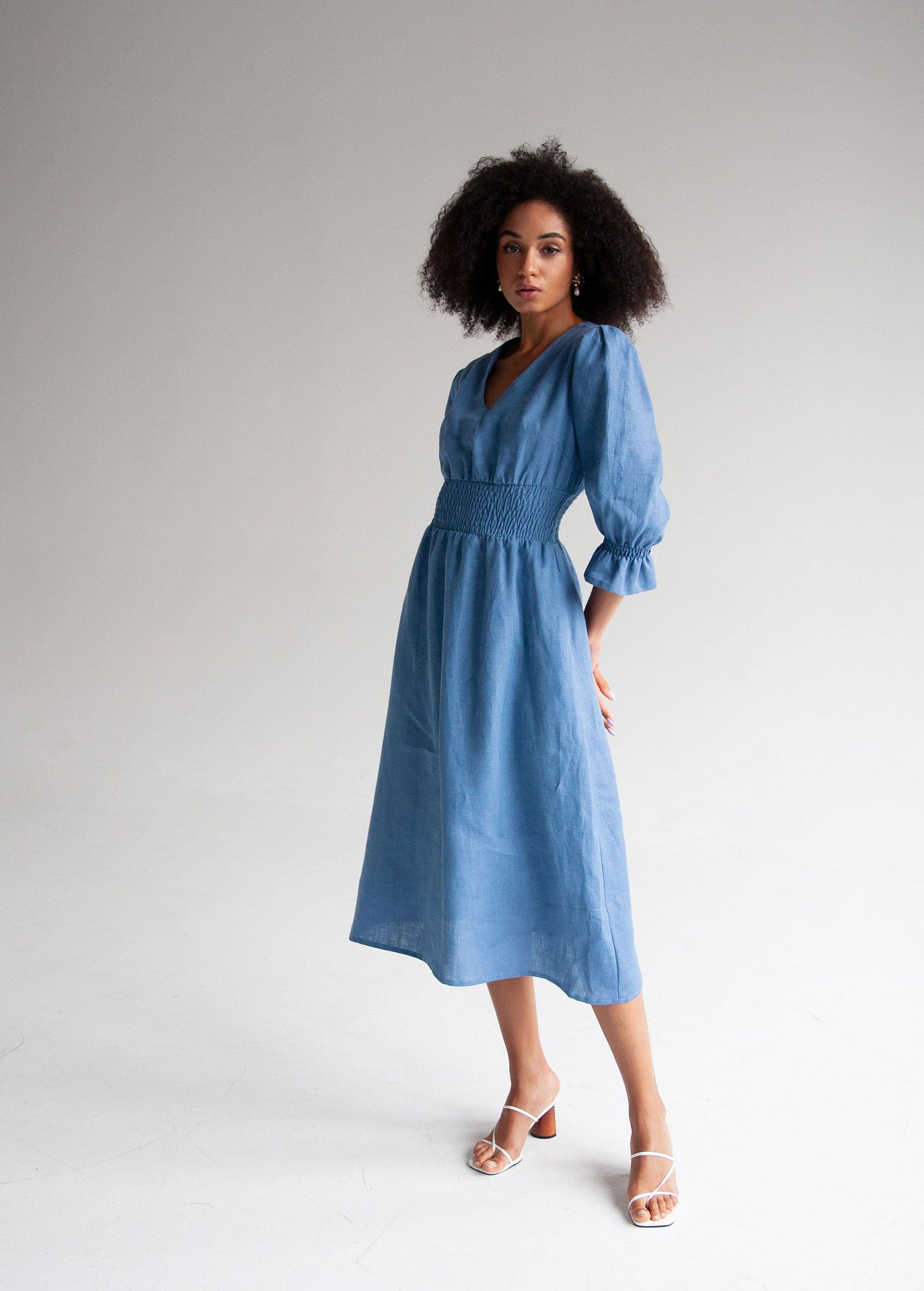 "Laura" Denim Blue Linen Midi Dress