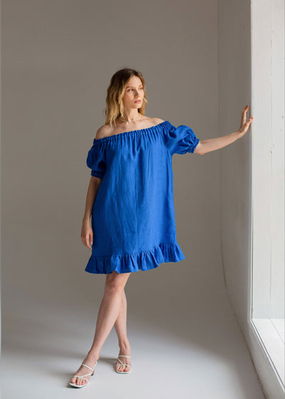 "Ayana" blue linen mini dress
