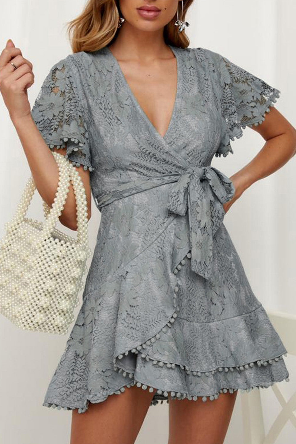 Women Gray Flutter Sleeve Wrap V Neck Floral Lace Short Dress