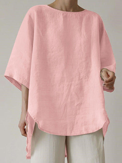 Women's Casual Pure Color Half Sleeve Cotton And Linen Shirt