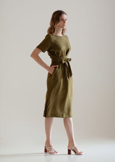 "Corina" Khaki Green Linen Dress