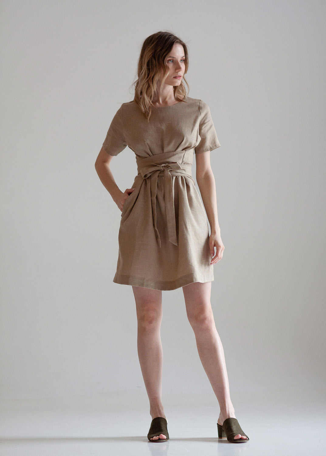 "Corina" Beige Mini Linen Dress