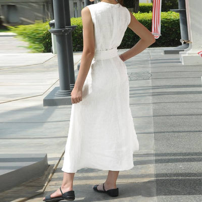 V-neck waistband cotton and linen hem slit sleeveless dress