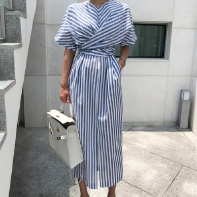 Fashion striped cross-tie dress with front slit skirt