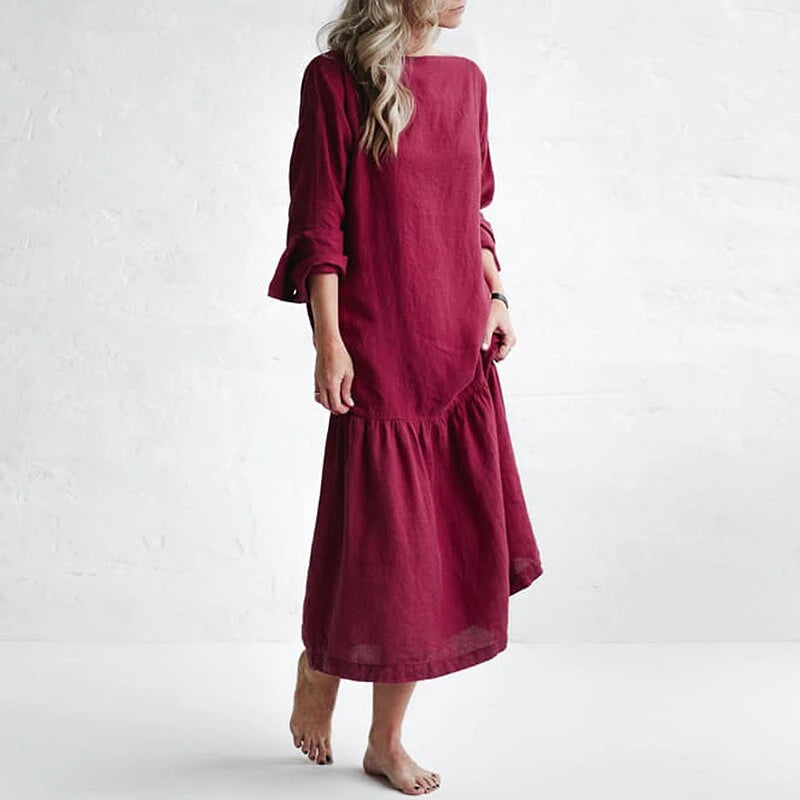 Casual round neck long sleeve solid color cotton and linen dress