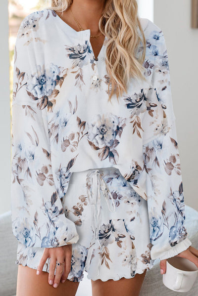 Women White Floral Print White Knit Pajamas Set
