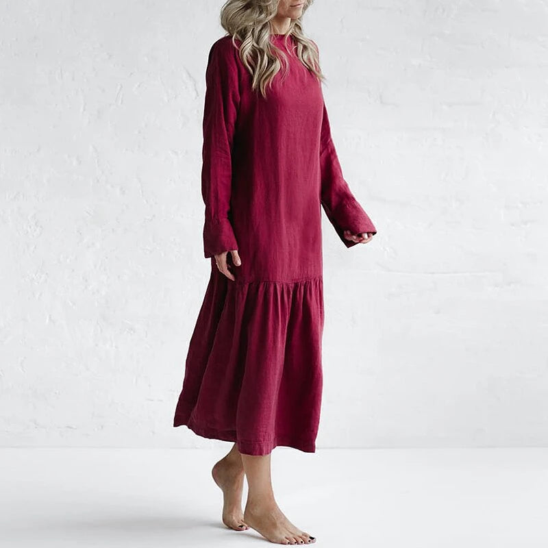 Casual round neck long sleeve solid color cotton and linen dress