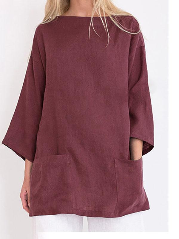 Ladies solid color casual round neck cotton and linen T-shirt