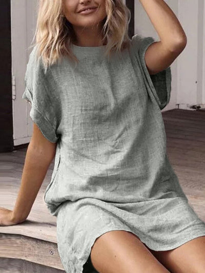 Loose Casual Solid Short Sleeved Cotton Linen Dress