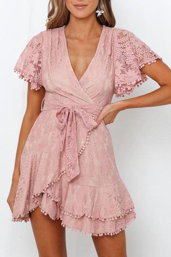 Women Pink Flutter Sleeve Wrap V Neck Floral Lace Short Dress