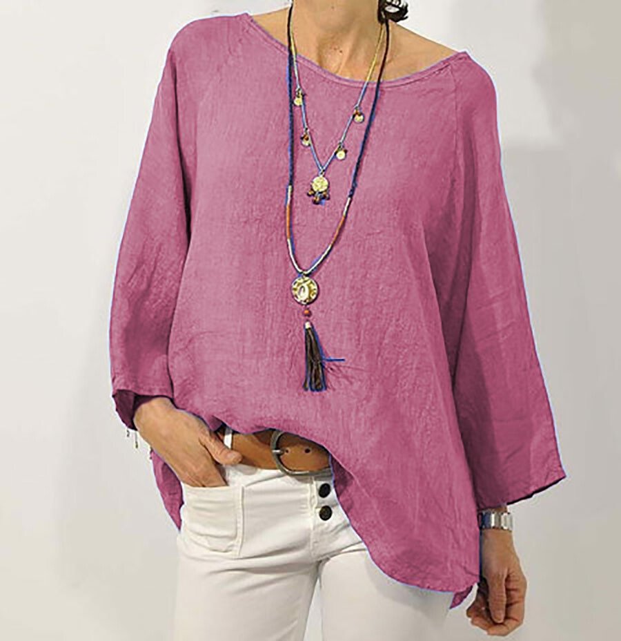 Pure Color Casual Cotton And Linen Round Neck Top