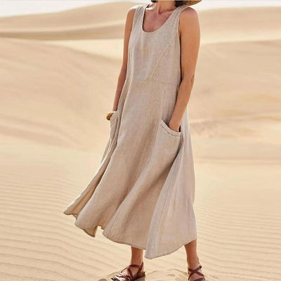 Women's Cotton Linen Solid Sleeveless Dress