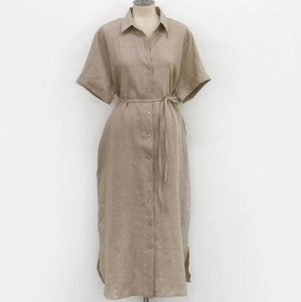 Classic lace-up waist single-breasted short-sleeved shirt dress