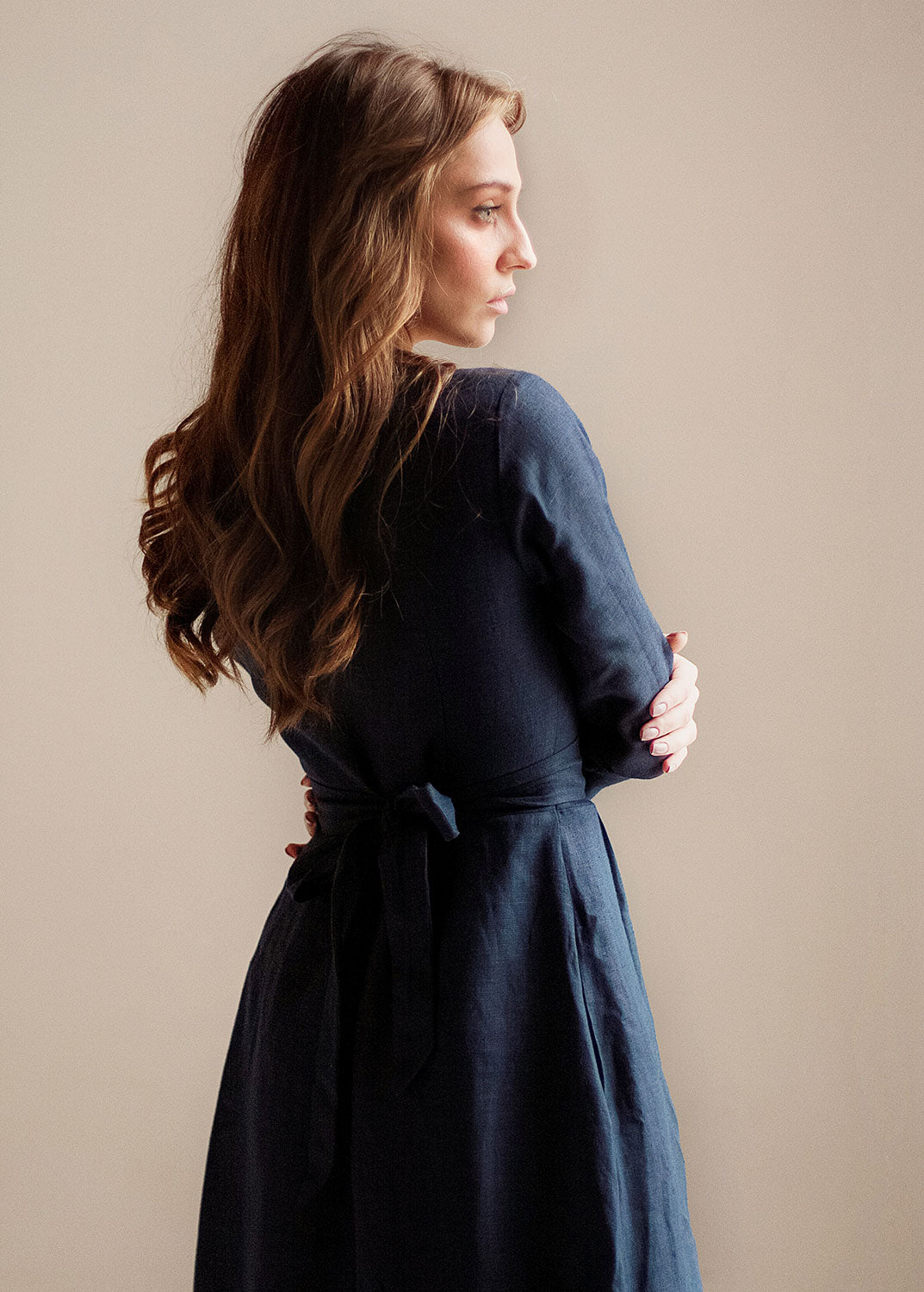 "Tristan" Linen Navy Blue Maxi Dress with sleeves