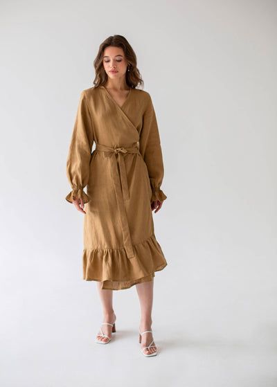 "Bianca" Sand Linen Midi Wrap Dress