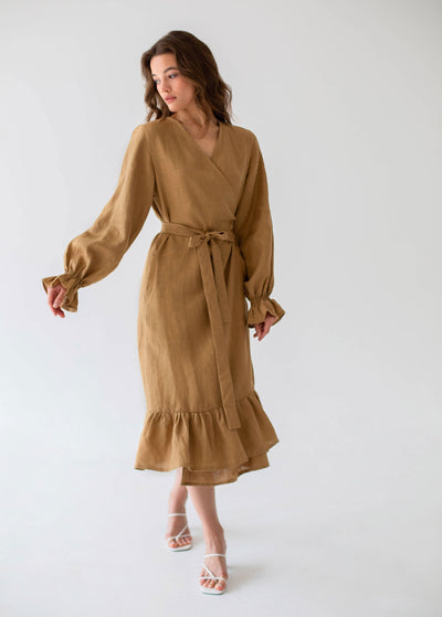 "Bianca" Sand Linen Midi Wrap Dress