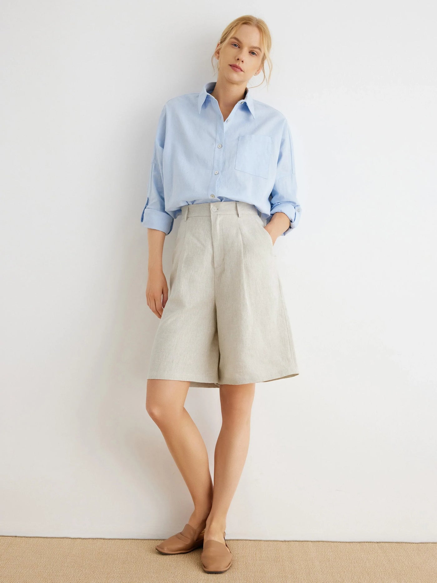 Alani 100% Linen Oversized Plain Bermuda Shorts