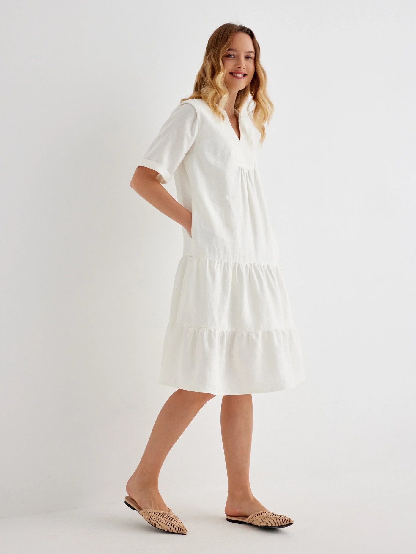 Fallon 100% Linen Relaxed FIt V-neck Tiered Dress