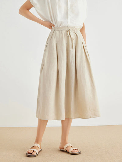 Nora 100% Linen Elastic Waist Pockets Full Skirt