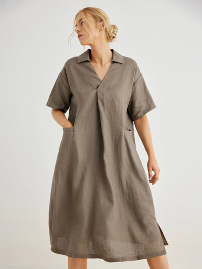Eloise 100% Linen Collared Pockets Trapeze Dress